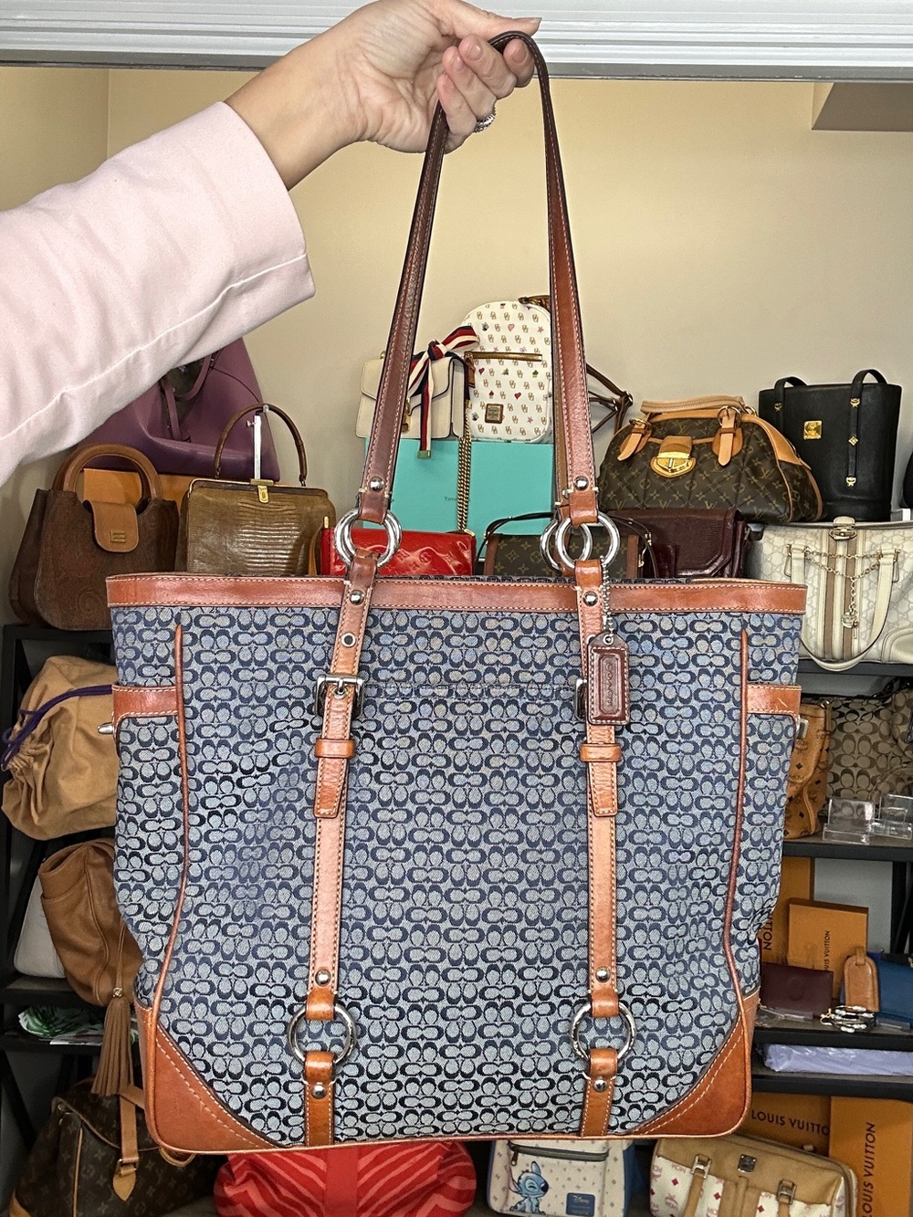 Coach Denim Signature Gallery Tote Blue CC Logo Leather Trim Shoulder Bag 2008